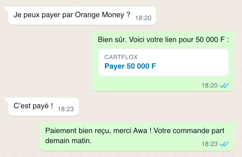 Dans WhatsApp, l’agent envoie un lien de paiement Cartflox de 50 000 F, la cliente paie, l’agent confirme le paiement