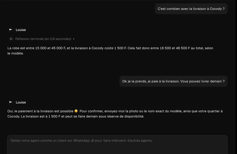 Une conversation de test : une cliente demande le prix avec la livraison, l’agent calcule le total