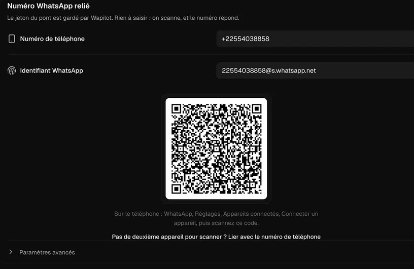 L’écran WhatsApp de Wapilot : le numéro relié et le code QR à scanner