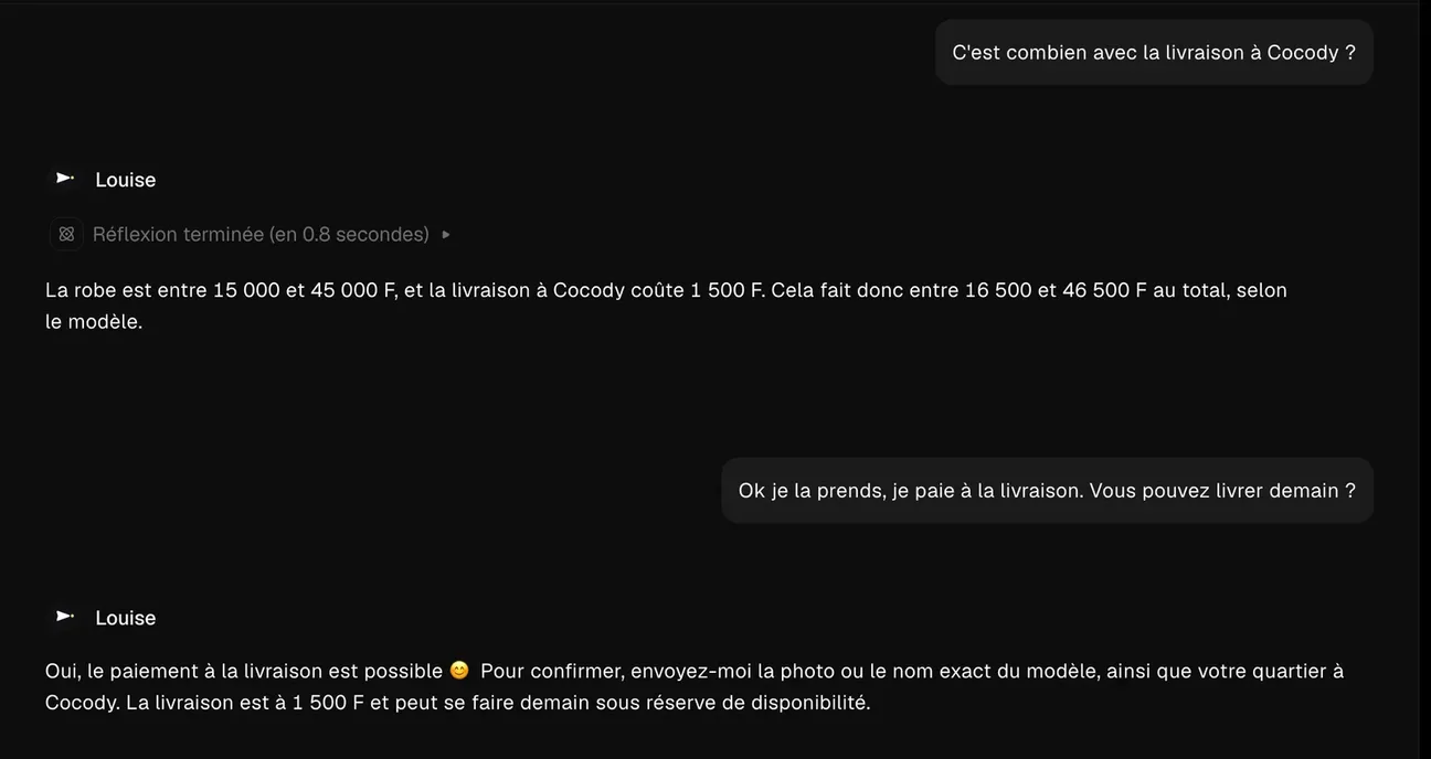 Une conversation de test dans Wapilot : une cliente pose ses questions, l’agent répond