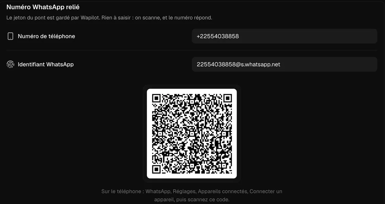 L’écran de Wapilot qui affiche le code QR à scanner depuis WhatsApp